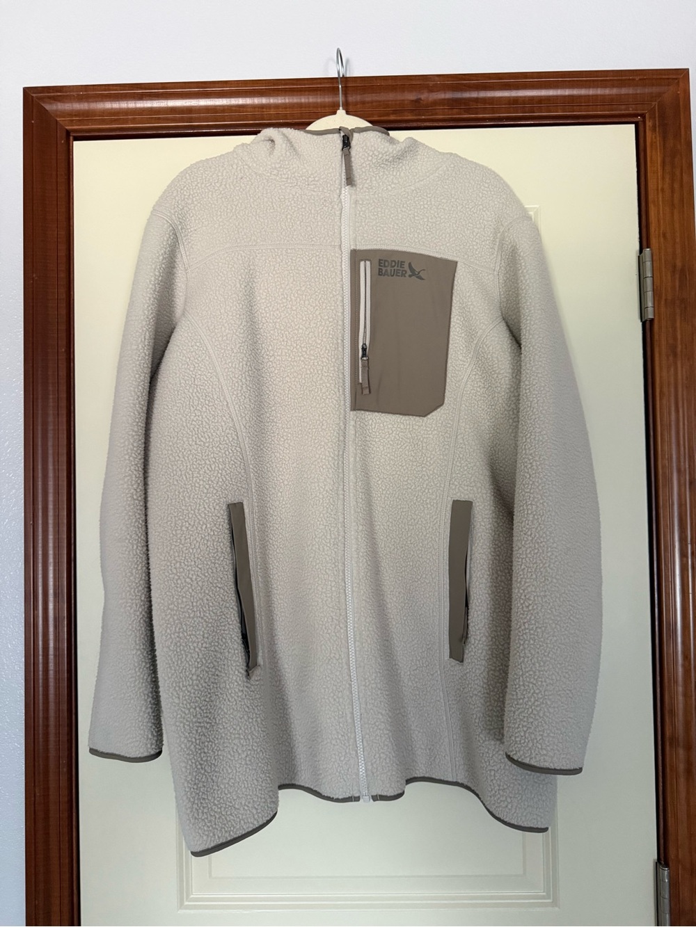 Eddie Bauer Cream Hooded Fleece Jacket with Taupe Trim